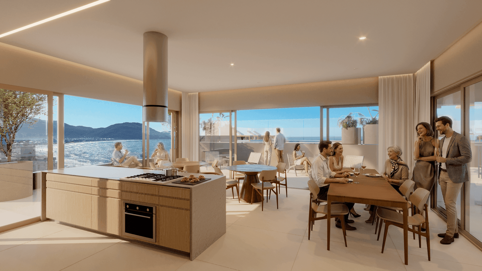 Espacio gourmet del rooftop con vista al mar