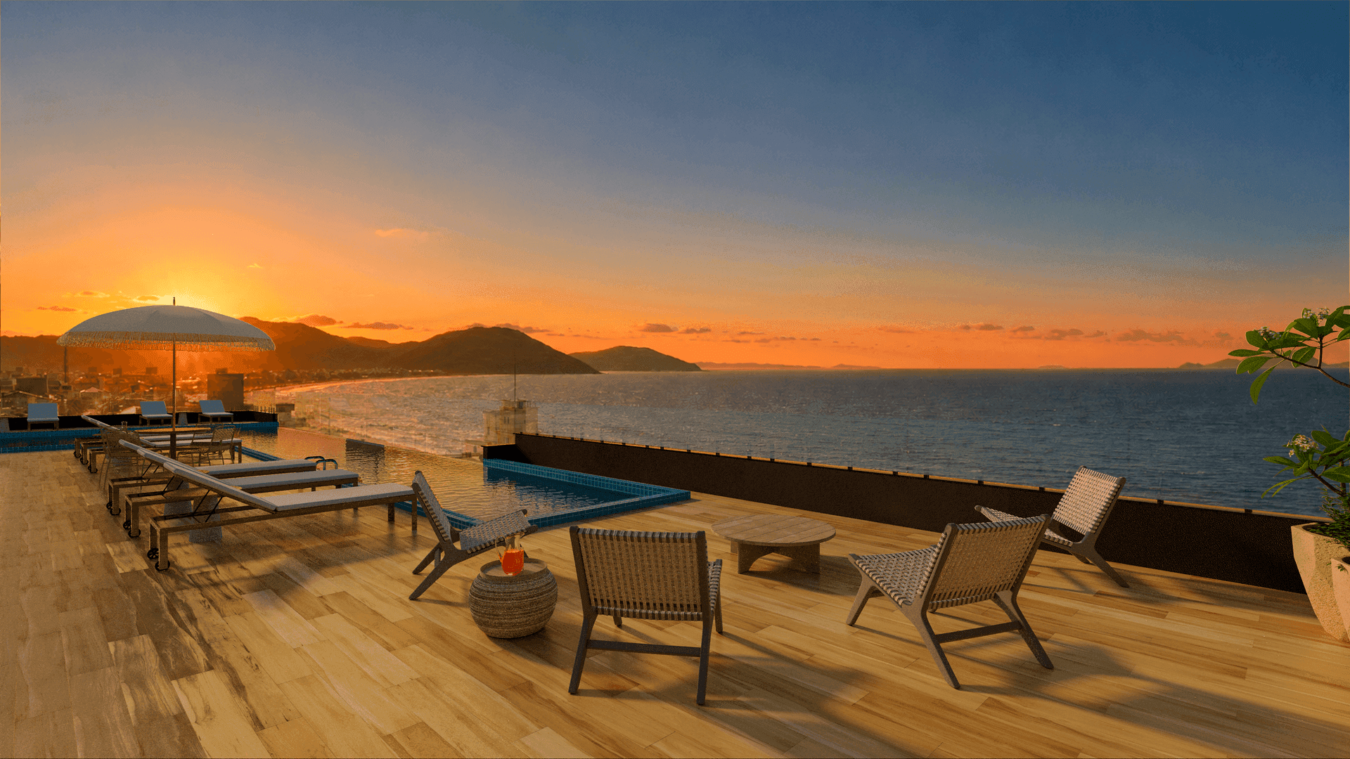 Piscina del rooftop de Bella Garden al atardecer