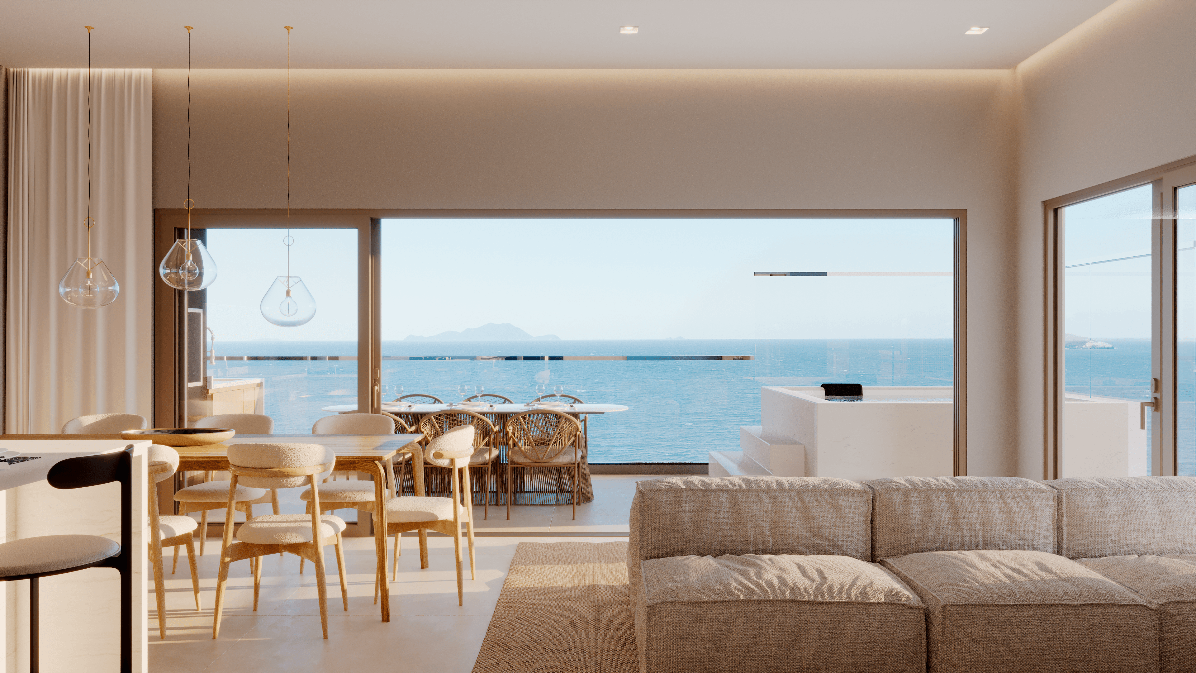 Living integrado de un departamento final 01, con terraza y vista al mar