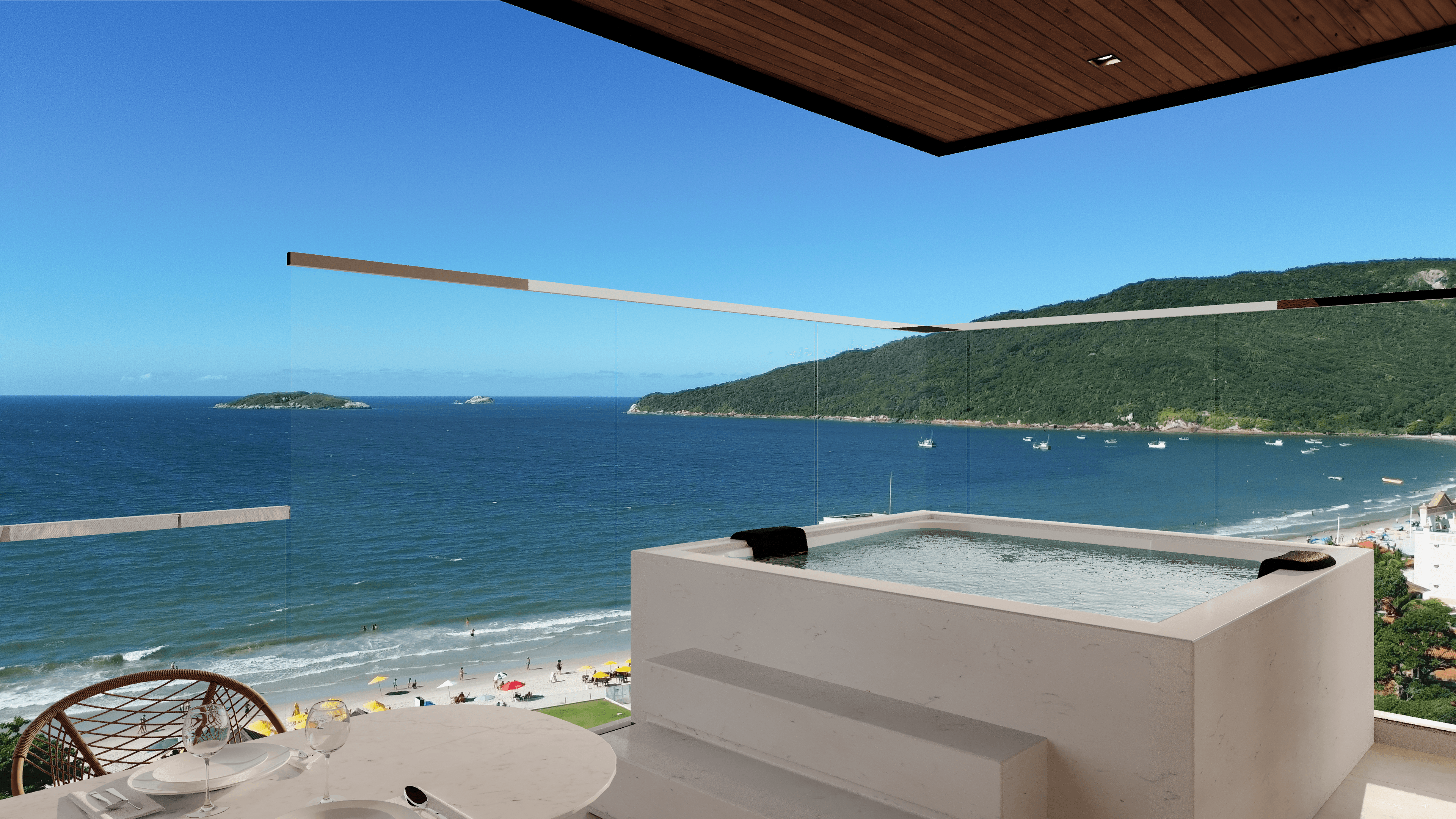 Jacuzzi privado en la terraza de un departamento final 01 de Bella Garden, con vista al mar