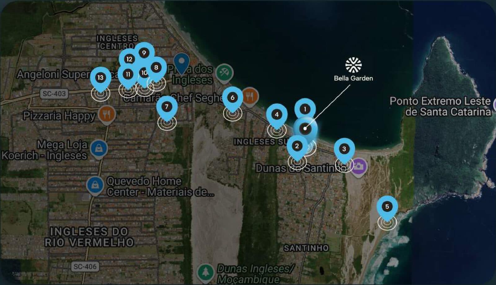 Mapa del rincón sur de la Playa de Ingleses con Bella Garden y los principales puntos del barrio